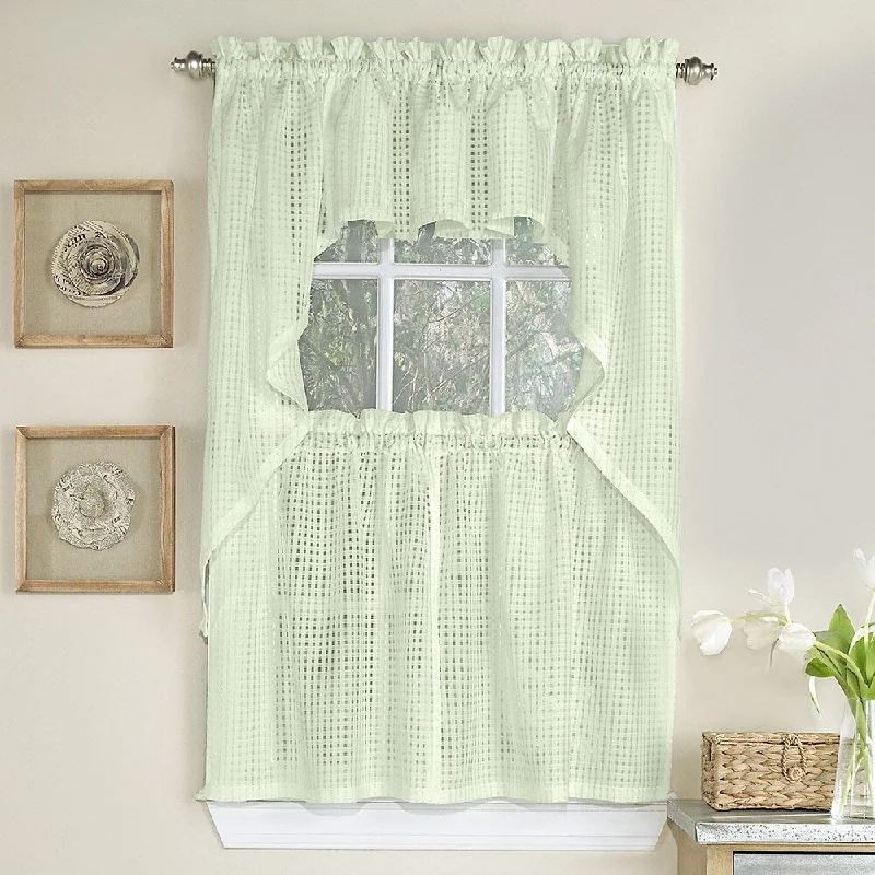 Cream Tone on Tone Raised Micro-Check Semi-Sheer Window Curtain Pieces - Tiers, Valance and Swag Options