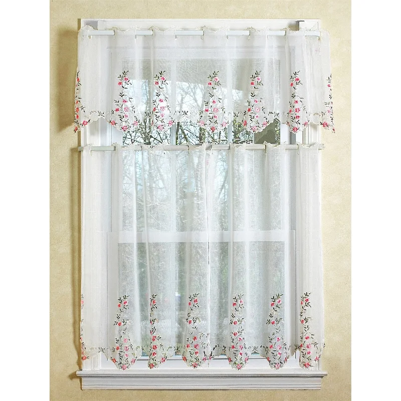 Violet Linen Lima Sheer White Flowers Design 3pc Set 60" x 18" Valance, 30" x 36" Tiers, Decorative Window Kitchen Curtain Set