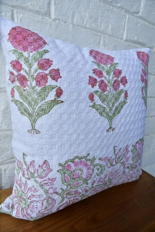 Coral Pink Waffle Cushion Cover: Hand Block Comfort & Style (India)