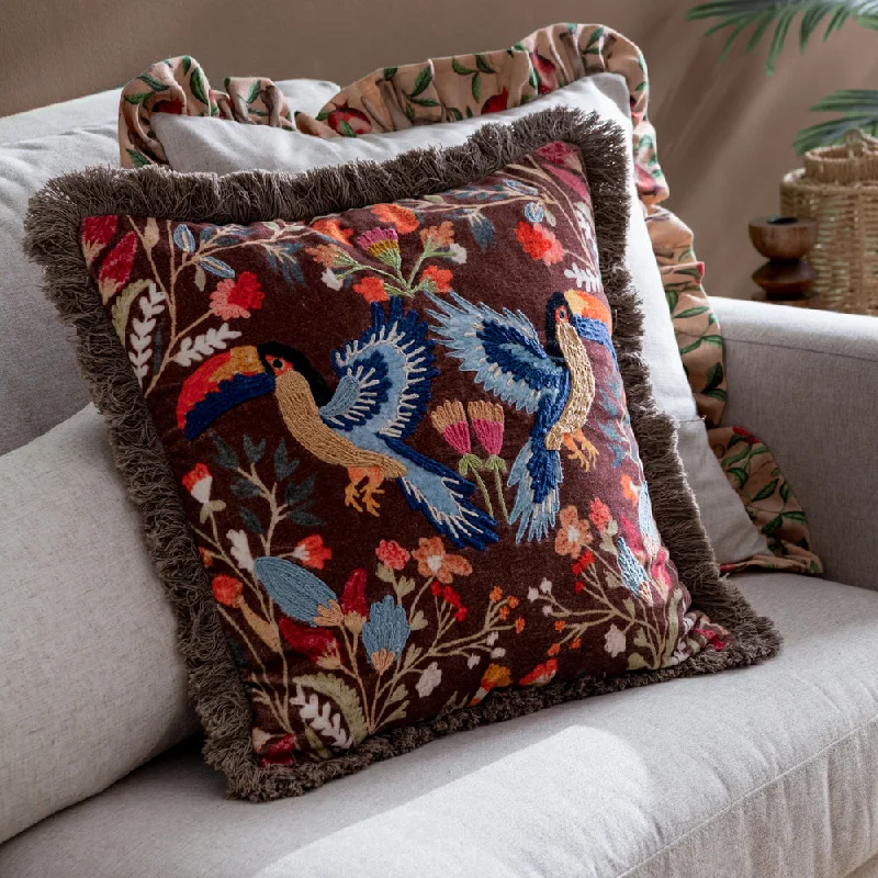 Mirrored Toucan Embroidered Cushion Multicolour