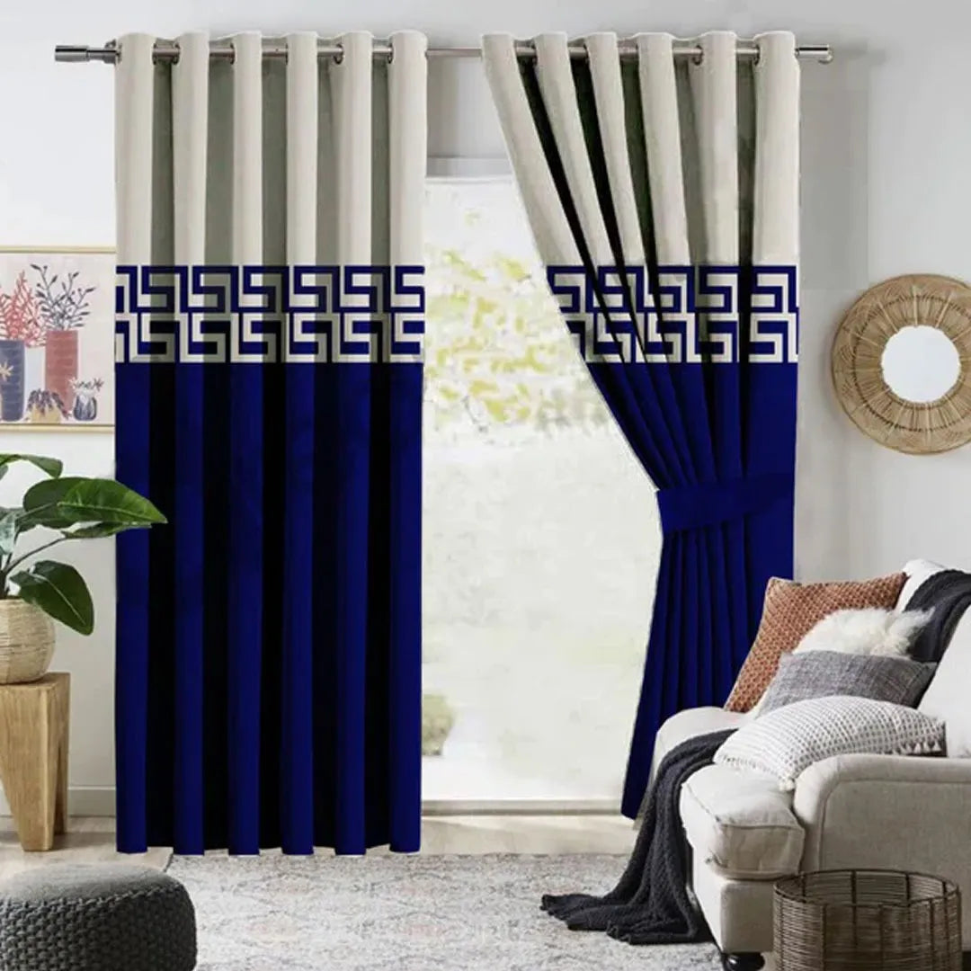 Pair of Double Shaded Velvet Eyelet Curtains Off White & Blue With Tie Belts