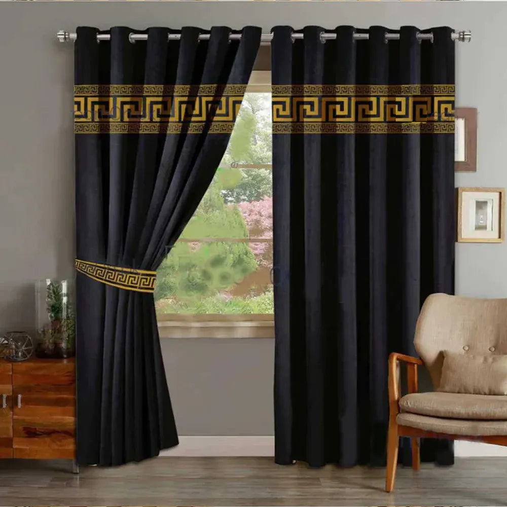 Pair of Versace Velvet Eyelet Curtains Golden On Black With Tie Belts