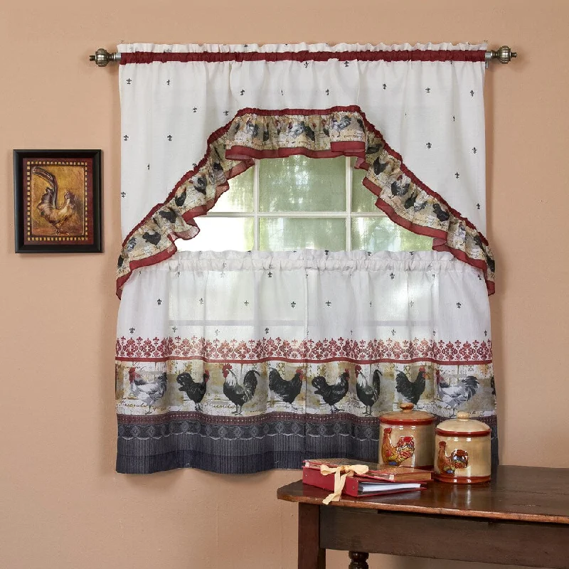 Traditional Two-piece Tailored Tier and Swag Window Curtains Set with Ornate Rooster Print - 36 inch