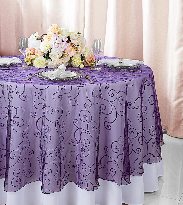 108" Seamless Round Embroidered Organza Tablecloth/Table Overlay - Eggplant (1pc)