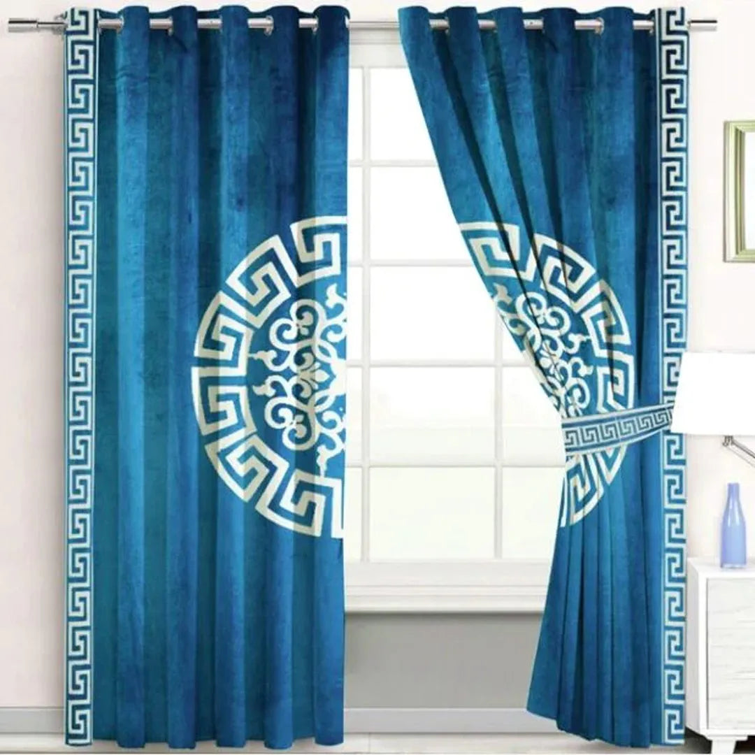 Pair of Versace Velvet Eyelet Curtains White On Ocean Blue With Tie Belts