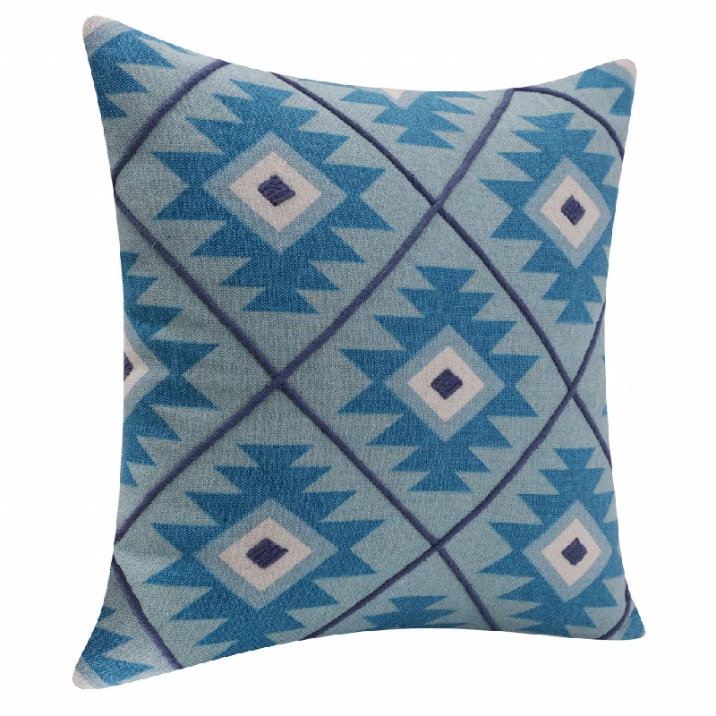 20" X 20" Blue And White 100% Cotton Geometric Zippered Pillow