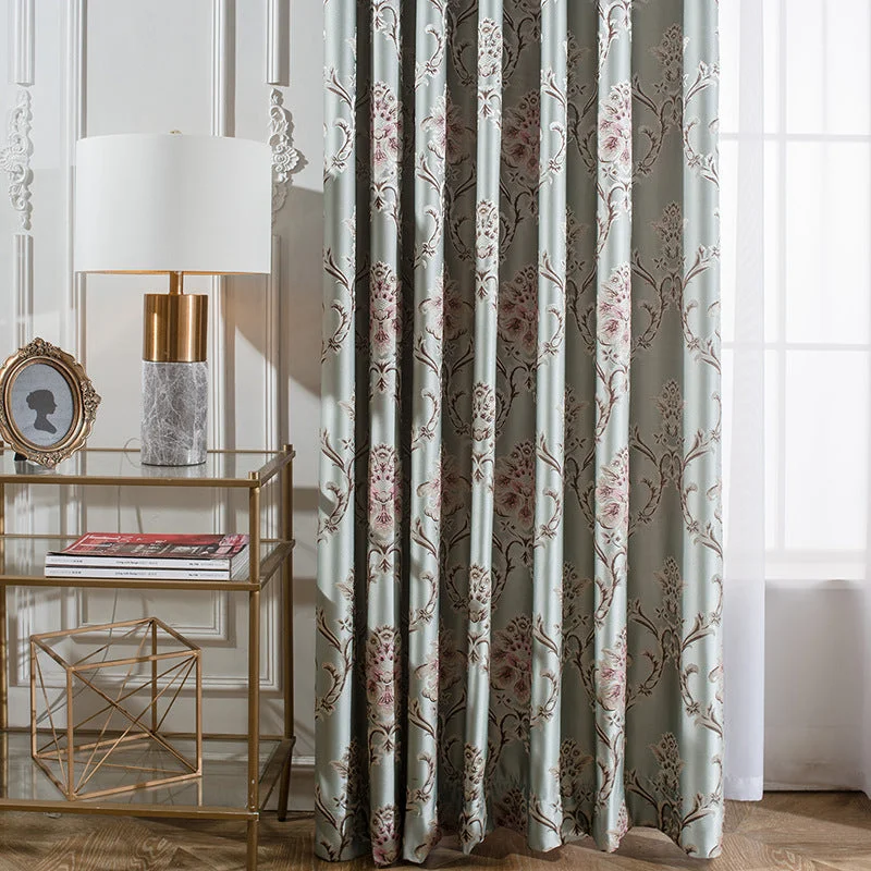 Mila Faux Silk Jacquard Floral Design Curtains - Light Blue