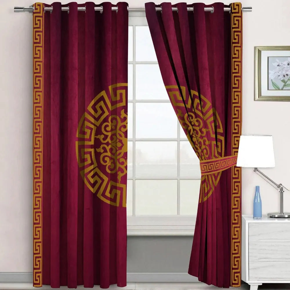 Pair of Versace Velvet Eyelet Curtains Brown On Maroon With Tie Belts