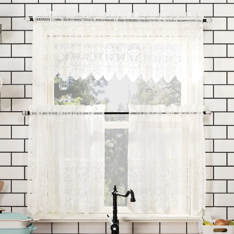 No. 918 Joy Macrame Lace Trim Semi-Sheer Rod Pocket Kitchen Curtain Valance and Tiers Set