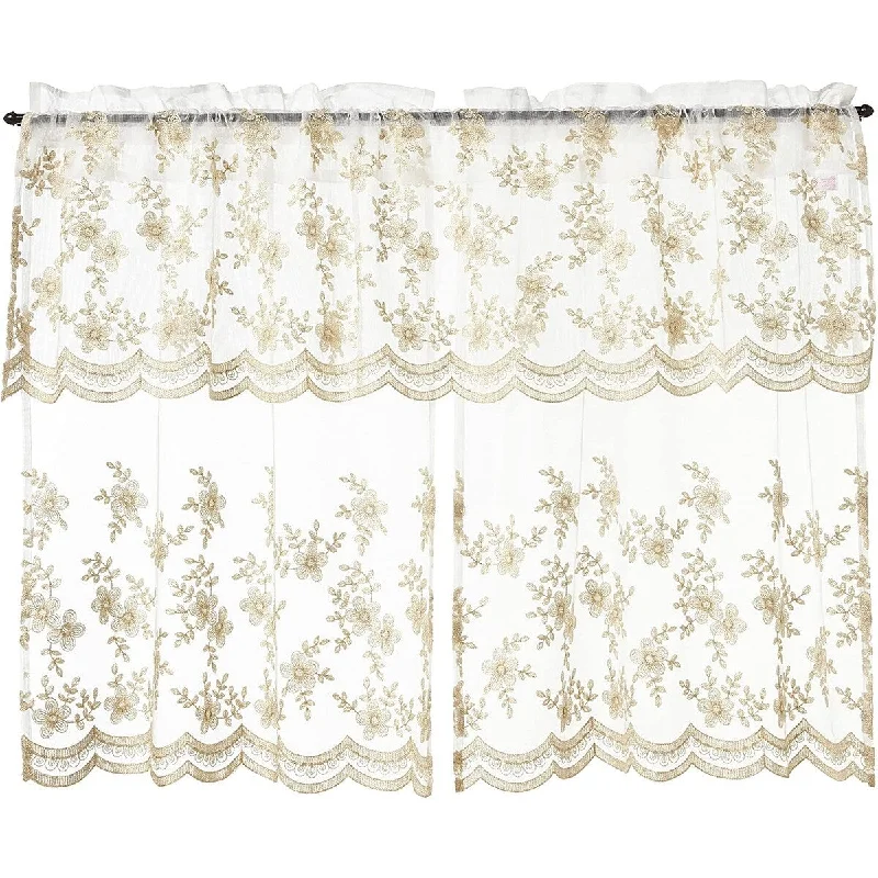 Violet Linen Ornate Vintage Boutique Lace, Gold - 3pc Set 60"x 18" Valance, 30"x 36" Tiers, Decorative Window Kitchen Curtain