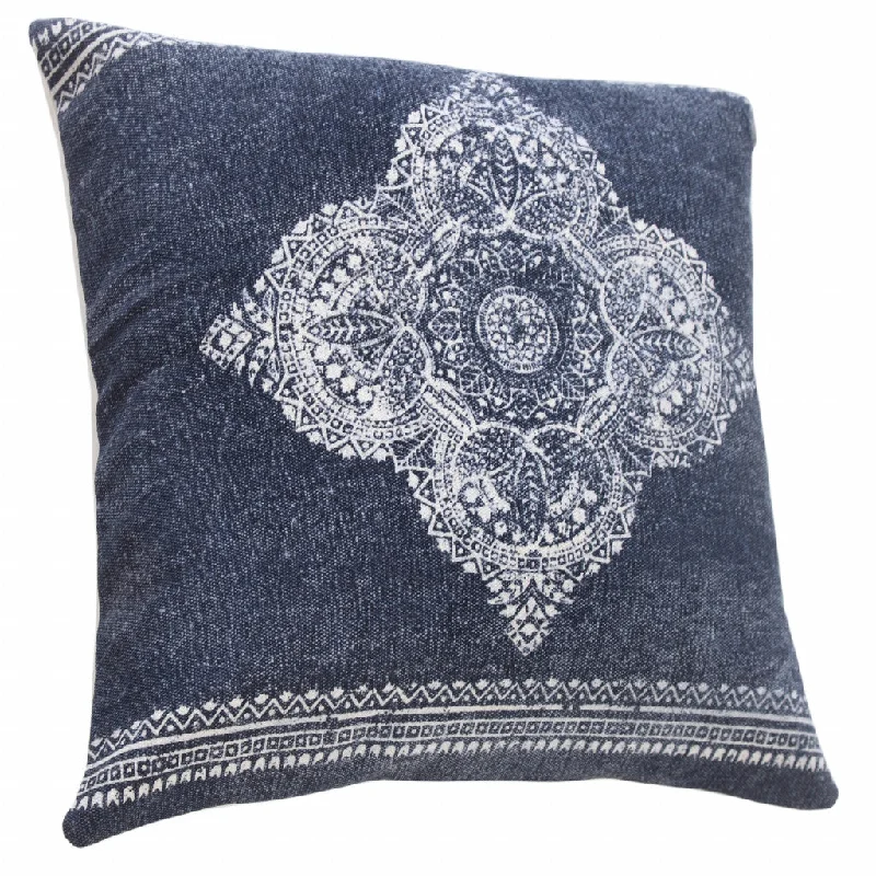 20" X 20" Dark Blue And White 100% Cotton Geometric Zippered Pillow