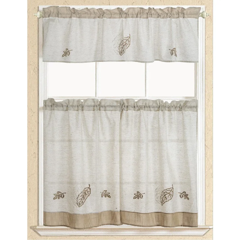 RT Designers Collection Rustic Embroidered Leaf Tier and Valance Kitchen Curtain Set