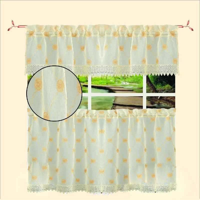 Violet Linen Ornate Sheer Flowers Gold - 3pc Set 60" x 18" Valance, 30" x 36" Tiers, Decorative Window Kitchen Curtain Set