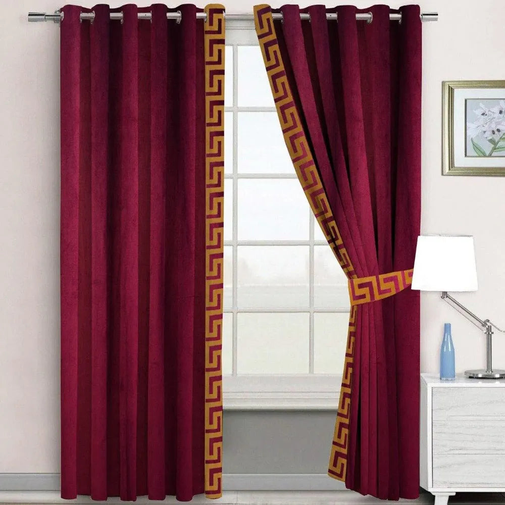 Pair of Versace Border Velvet Eyelet Curtains Golden On Maroon With Tie Belts