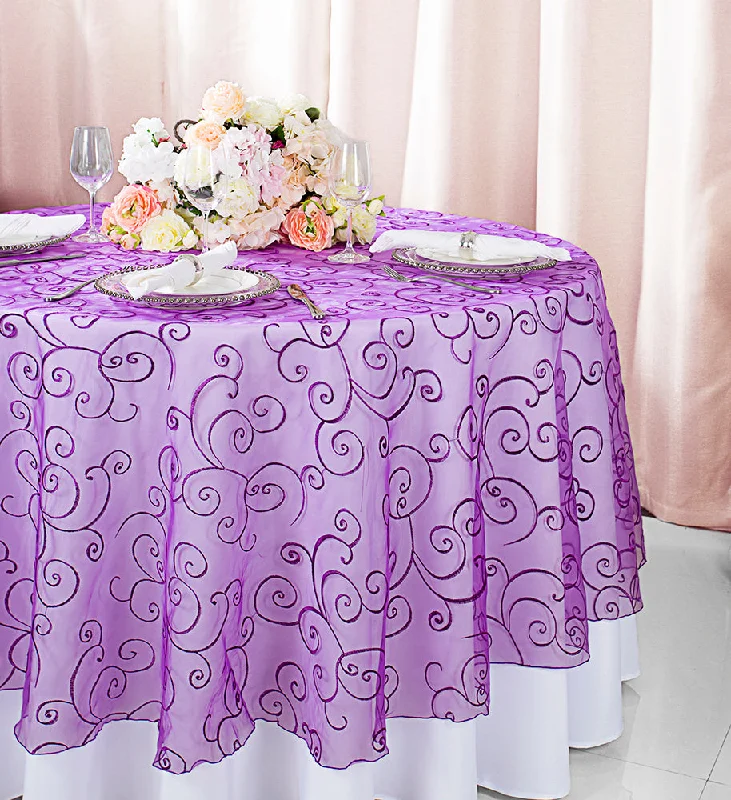 108" Seamless Round Embroidered Organza Tablecloth/Table Overlay - Purple (1pc)