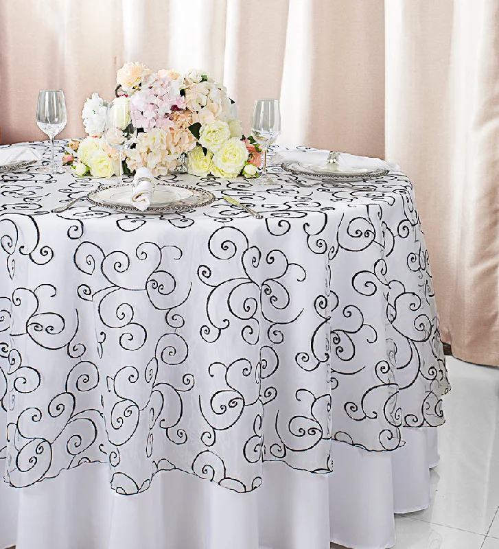 90" Seamless Round Embroidered Organza Tablecloth/Table Overlay - White/Black (1pc)