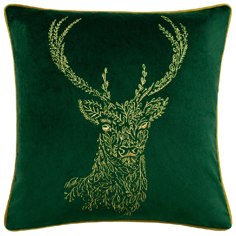 Forest Fauna Stag Velvet Piped Cushion Emerald/Gold