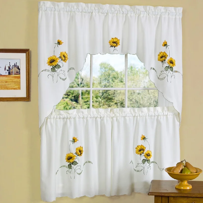 Traditional Two-piece Tailored Tier and Swag Window Curtains Set with Embroidered Yellow Sunflowers - 36 inch