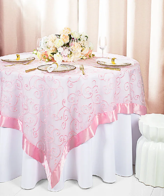 85"x85" Seamless Square Embroidered Organza Tablecloth/Table Overlay - Pink (1pc)