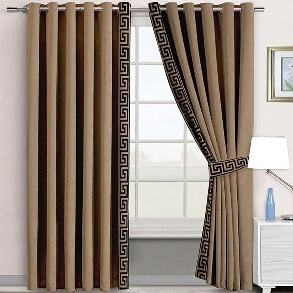 Pair of Versace Border Velvet Eyelet Curtains Coffee On Brown With Tie Belts