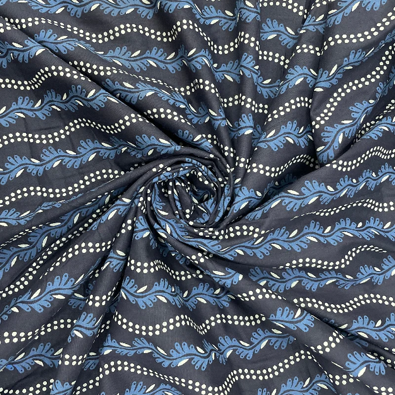 Indigo Blue Floral Print Poplin Cotton Fabric