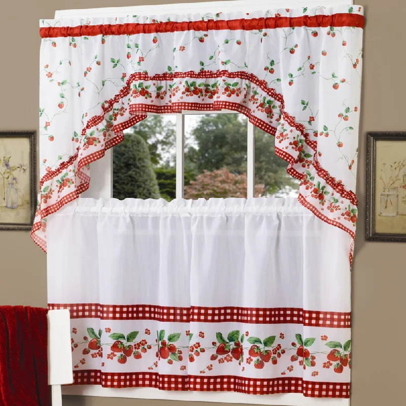 Traditional Two-piece Tailored Tier and Swag Window Curtains Set with Strawberry Print