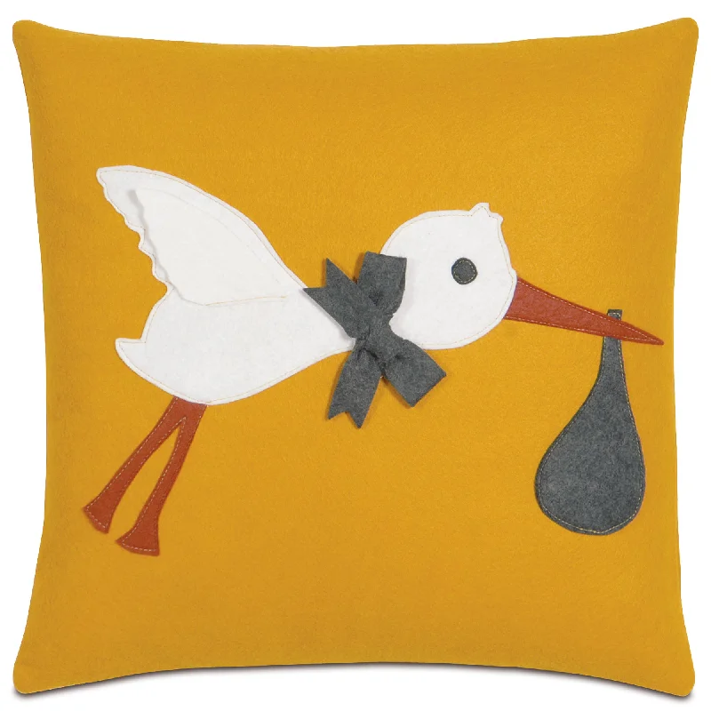 Yellow Stork Arrival Appliqué Throw Pillow Cover 16x16