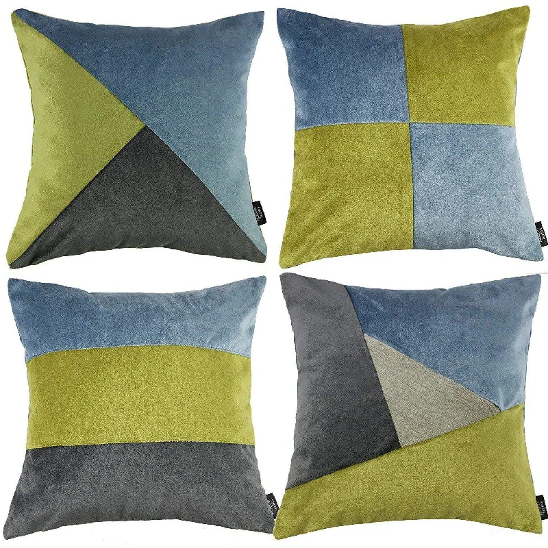 Patchwork Velvet Green, Blue + Grey Cushion Set