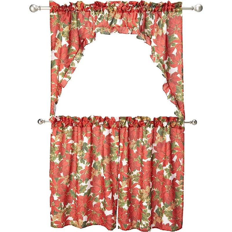 Violet Linen European Seasonal Botanical Christmas 3pc Set 60"x18" Valance, 30"x36" Tiers, Decorative Window Kitchen Curtain Set