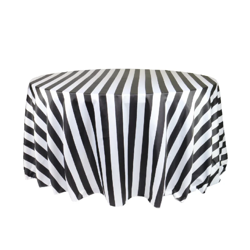 120 inch L'amour Satin Round Tablecloth Black/White Striped