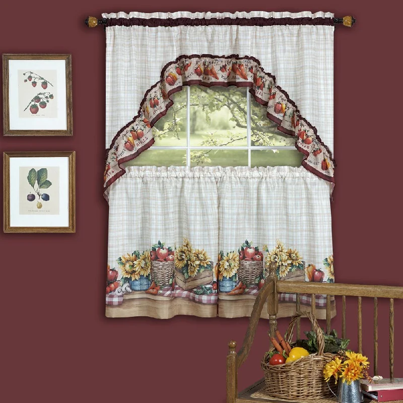 Traditional Two-piece Tailored Tier and Swag Window Curtains Set with Colorful Marketplace Vegetable and Sunflower Print