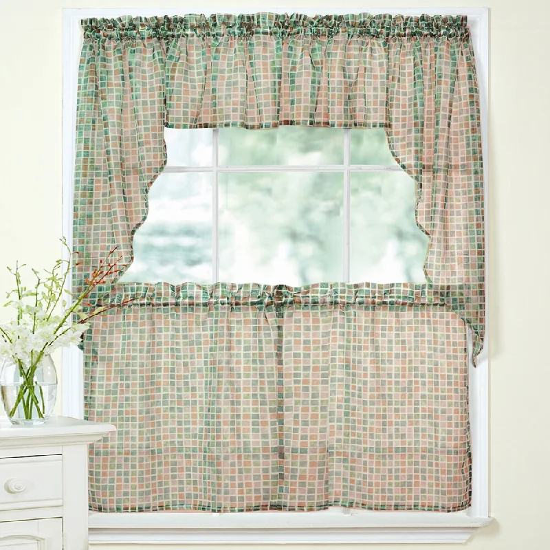 Beige Tile Printed Sheer Voile Window Curtain Set