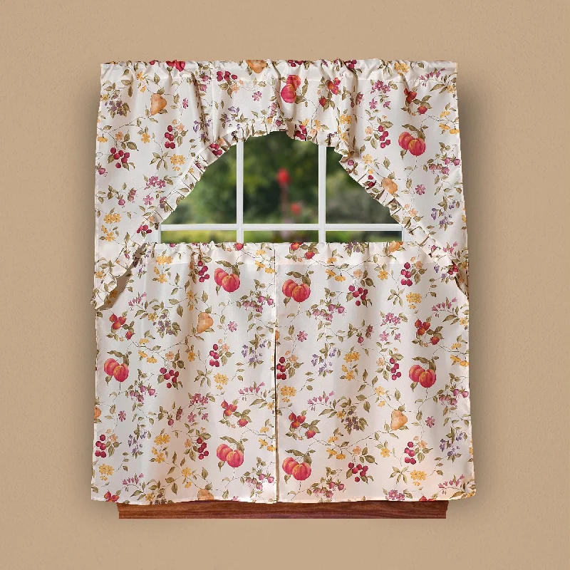 Violet Linen European 19121 Fruits Vintage 3pc Set 60" x 18" Valance, 30" x 36" Tiers, Decorative Window Kitchen Curtain Set