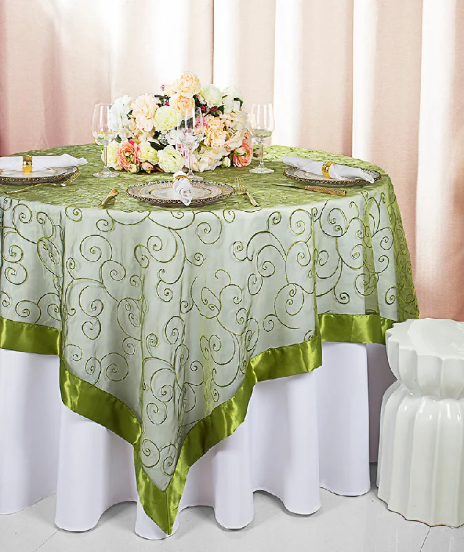 85"x85" Seamless Square Embroidered Organza Tablecloth/Table Overlay - Moss Green (1pc)