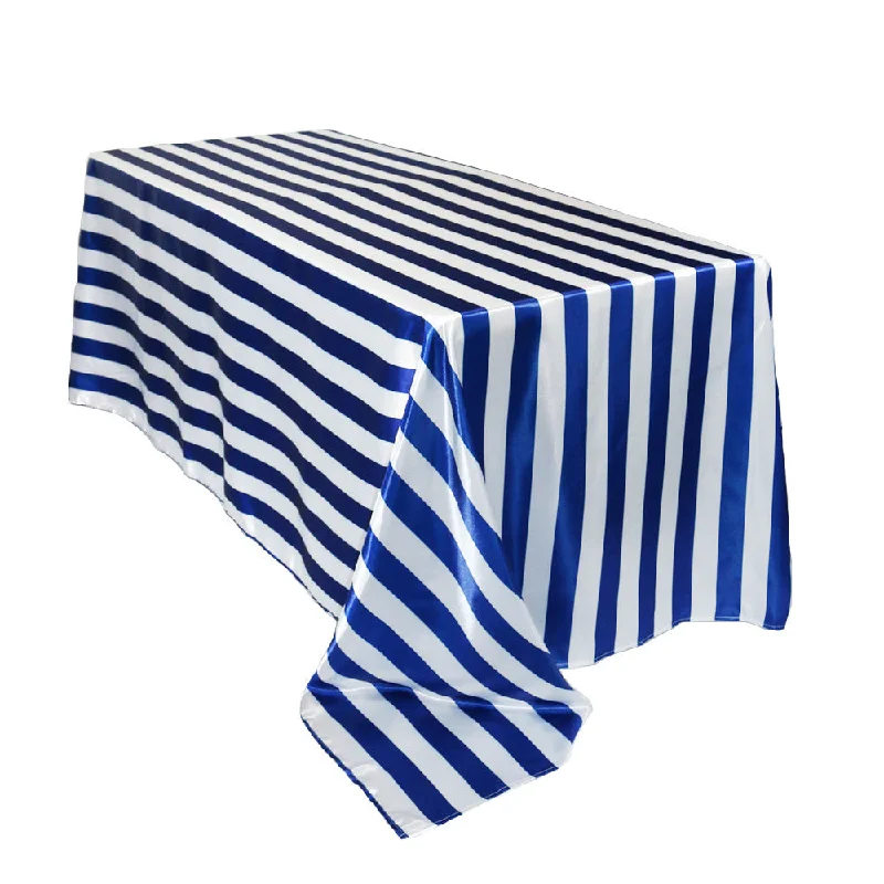 90 x 132 inch Satin Rectangular Tablecloth Royal Blue and White Striped