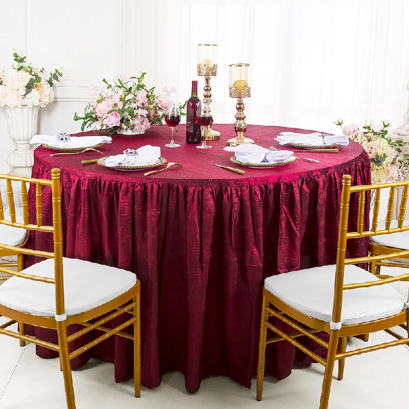 72" Round Ruffled Fitted Crushed Taffeta Tablecloth With Skirt - Burgundy (1pc)