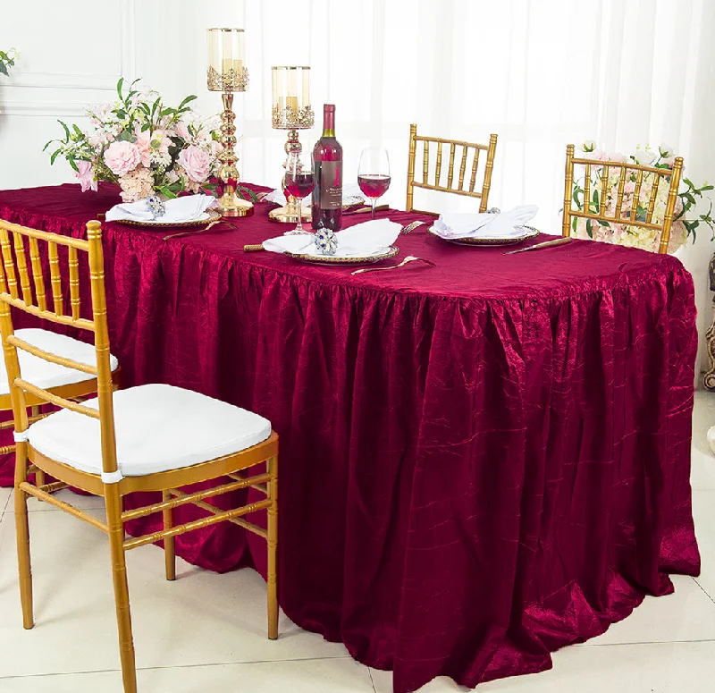 8 Ft Rectangular Ruffled Fitted Crushed Taffeta Tablecloth With Skirt - Burgundy (1pc)