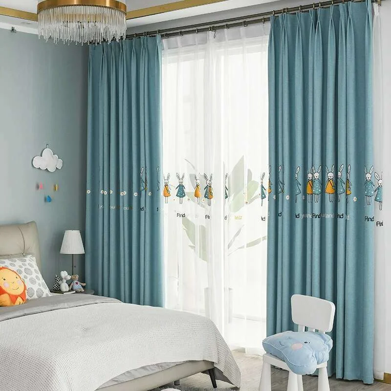 Rémy Embroidered Rabbit / Bunny Curtains - Blue