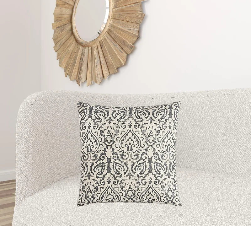 Gray White Distressed Damask Throw Pillow