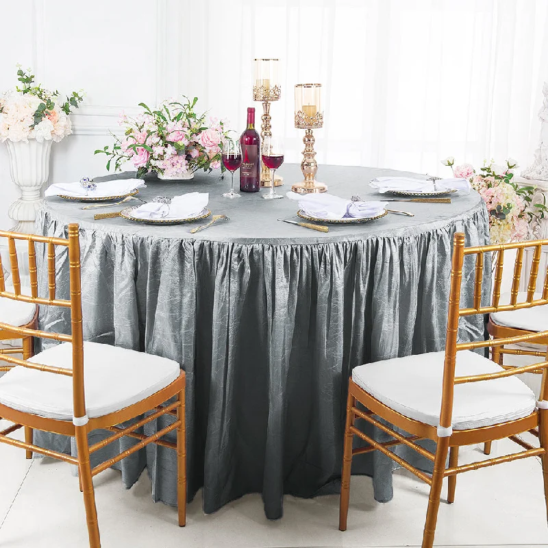 72" Round Ruffled Fitted Crushed Taffeta Tablecloth With Skirt - Silver (1pc)