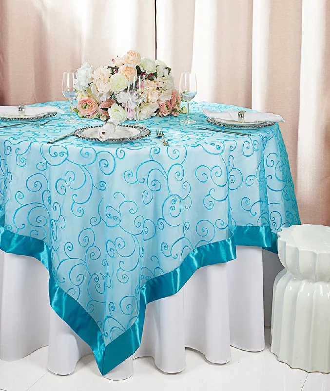 85"x85" Seamless Square Embroidered Organza Tablecloth/Table Overlay - Turquoise (1pc)