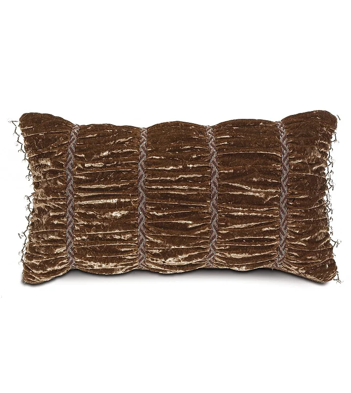 Foscari Mocha Ruched Velvet Lumbar Pillow Cover 15x26