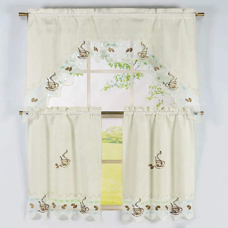 Coffee Pattern 3-piece Embroidered Kitchen Curtain Set