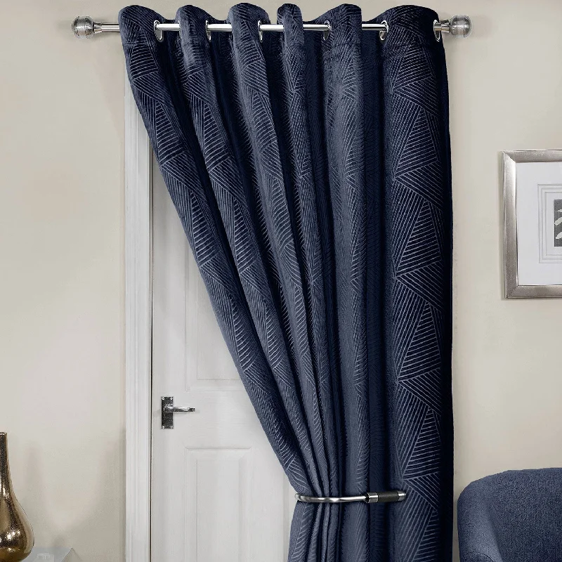 Midnight Navy Blue Embossed Velvet Thermal Eyelet Door Curtain