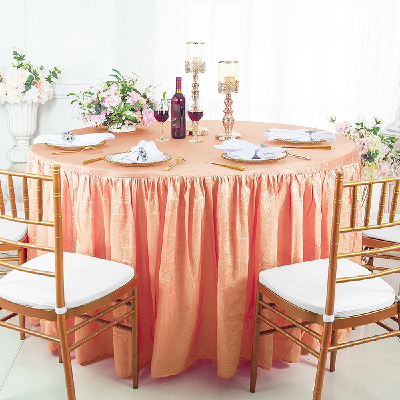 72" Round Ruffled Fitted Crushed Taffeta Tablecloth With Skirt - Apricot/Peach (1pc)