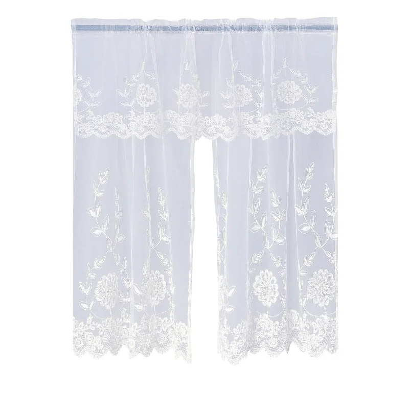 Violet Linen Royalty Embroidered Sheer Lace, Ivory 3pc Set 60"x18" Valance, 30"x36" Tiers, Decorative Window Kitchen Curtain