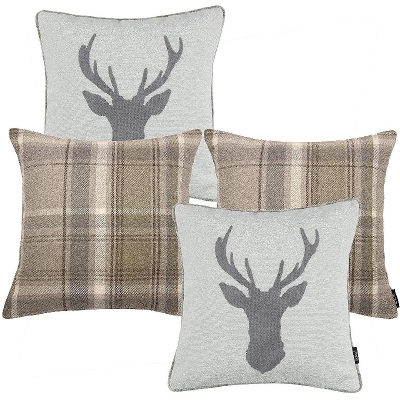 Stag Beige Grey Tartan 43cm x 43cm Cushion Set