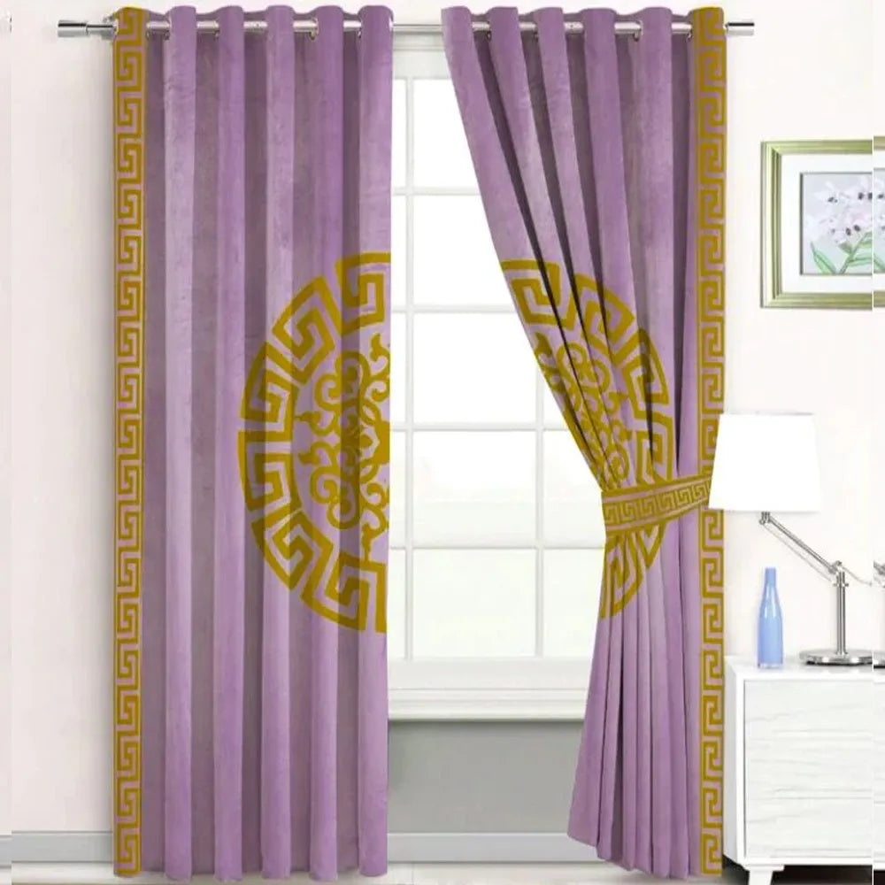 Pair of Versace Velvet Eyelet Curtains Brown On Purple With Tie Belts