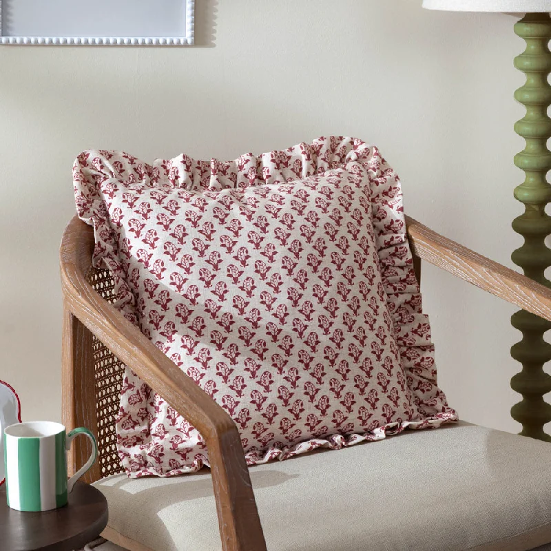 Lulah Block Printed Ruffle Cushion Linen/Red