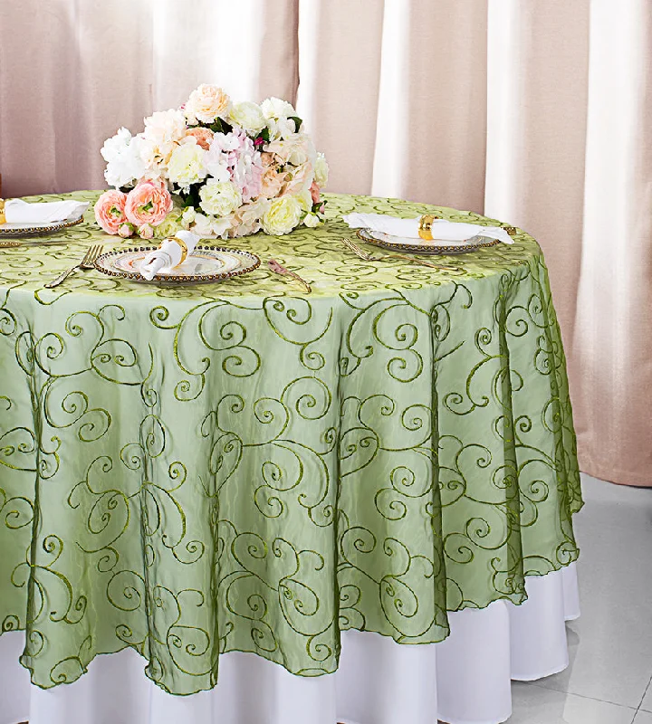 90" Seamless Round Embroidered Organza Tablecloth/Table Overlay - Moss Green (1pc)